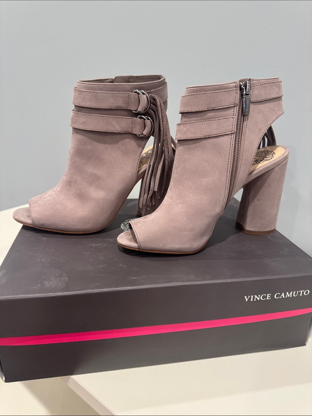 Vince Camuto Taupe Suede Peep-Toe Fringe Block Heel Sandals